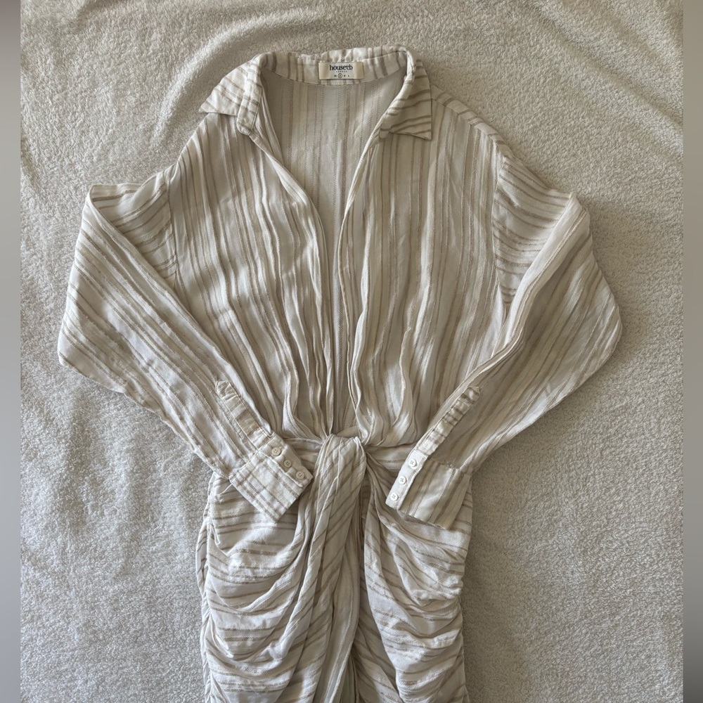 House of CB Natural Striped Linen Draped Shirt Mini Dress Size Small - Picture 15 of 16